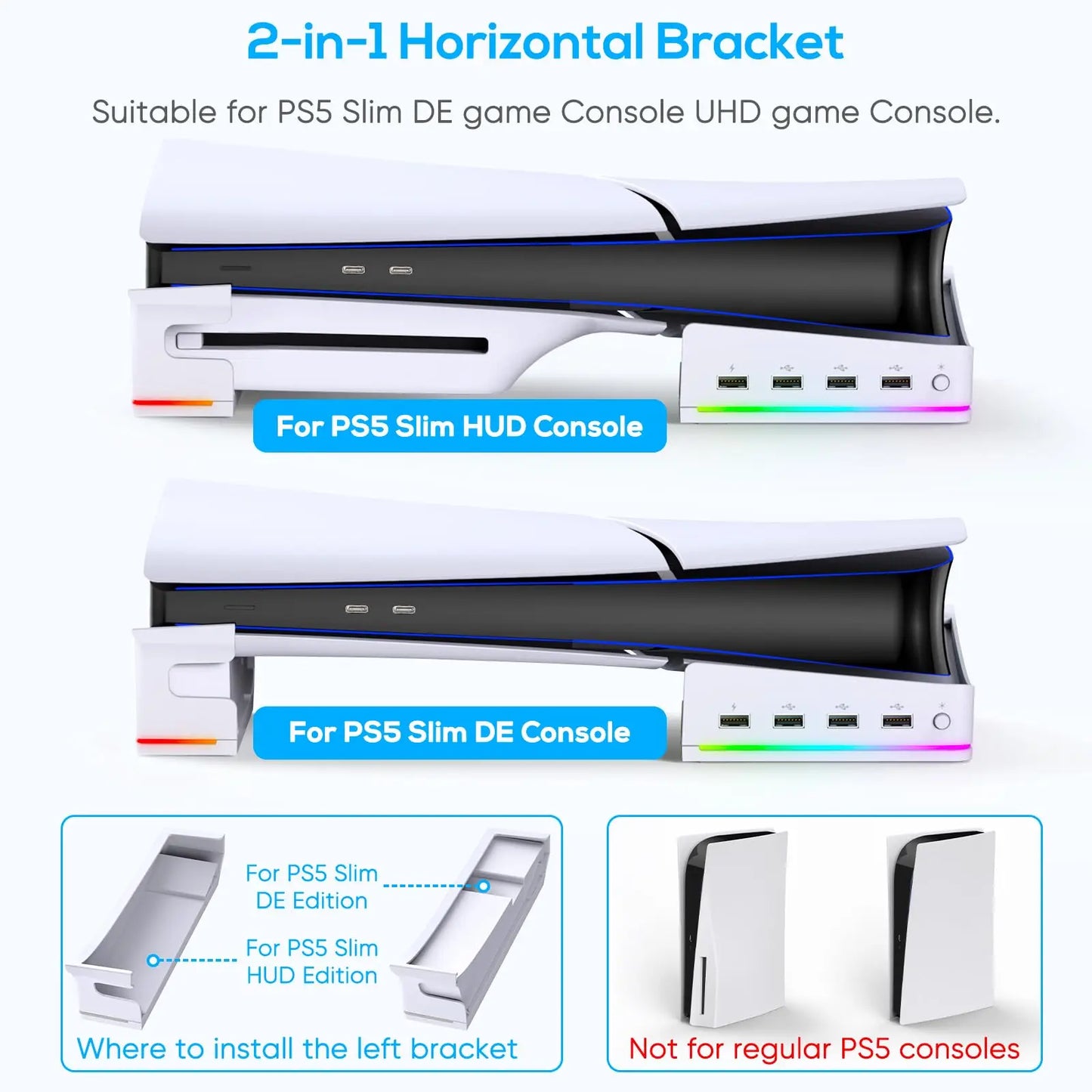 Horizontale Standaard voor PS5 Slim Console met 14 Lichtstanden en 4 USB-Hubs – Zijstandaard voor PS5 Slim Disc & Digital